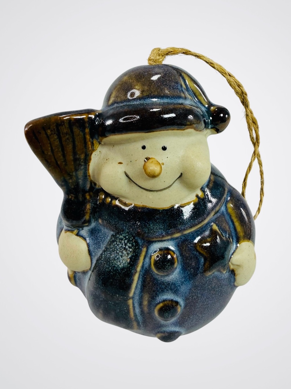 Ceramic Glazed Snowman Hanging Bell Christmas Ornament Cobalt Blue Gold Broom